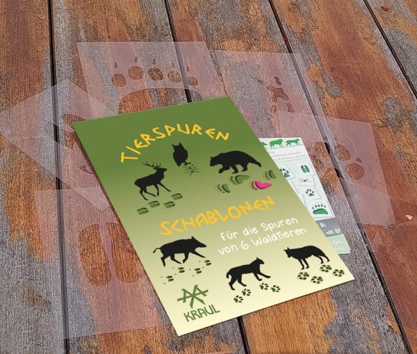 Die Schachtel Tierspuren liegt mit den durchsichtigen Schablonen auf einem Holzboden.