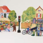 Die ausgeschnittene Straße mit Häusern, Markt und spielenden Kindern aus dem Ausschneidebogen Haus und Spiel