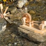 Von einem kleinen Wasserrad angetrieben hämmert das Hammerwerk auf einem Flussstein stehend.