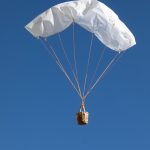 ein Körbchen schwebt am Fallschirm runter